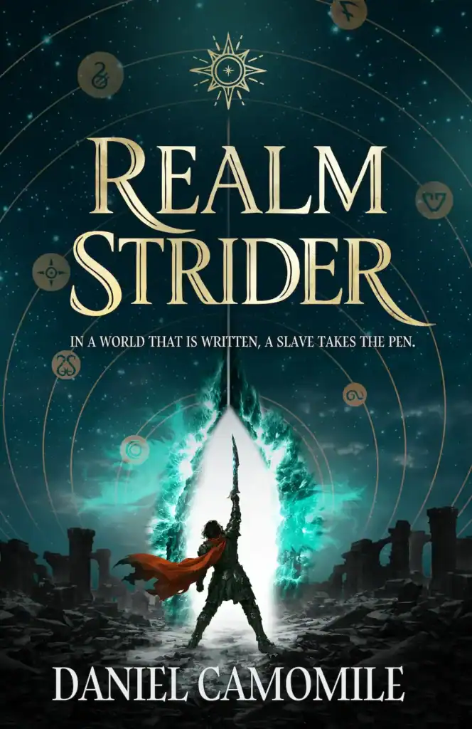 Book cover for epic fantasy novel Realm Strider by Daniel Camomile — a lone armored figure in a red cape raises a sword toward a glowing teal rift splitting the sky above ancient ruins, surrounded by gold magical sigils. Tagline: "In a world that is written, a slave takes the pen."