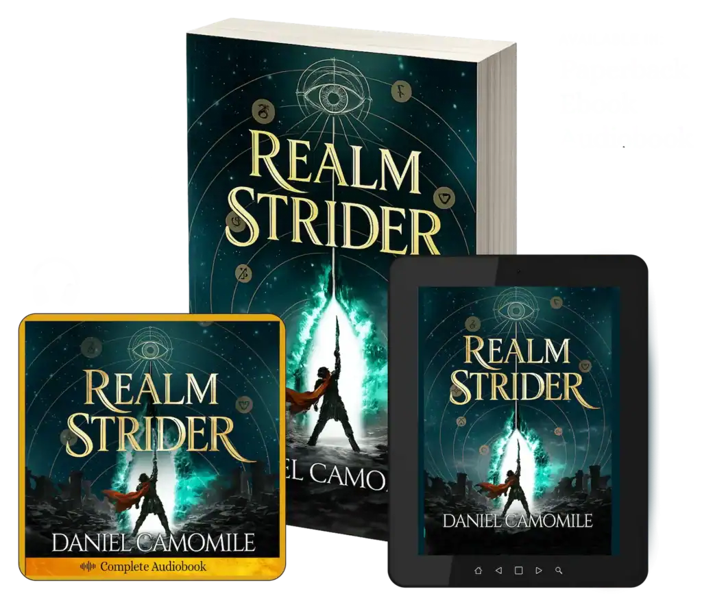 Realm Strider book covers shown together in ebook, audiobook, and paperback formats, featuring the fantasy novel by Daniel Camomile.